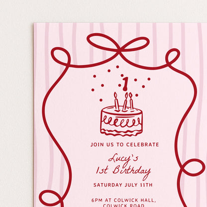 coquette pink 1st birthday invitation template