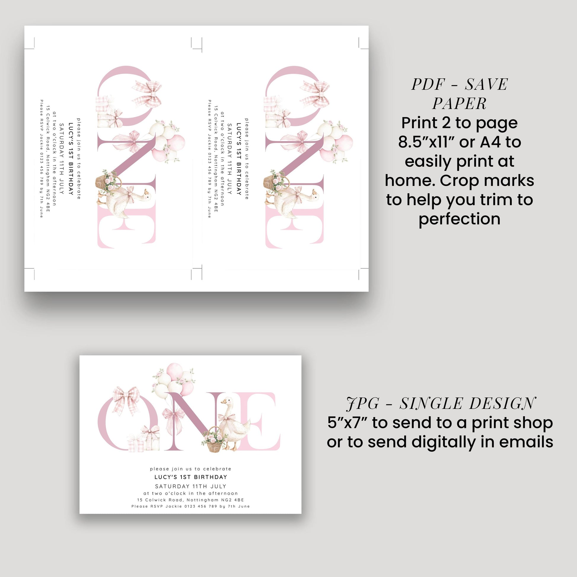 Pink Goose Invitation Template 1st Birthday Printable Template Bows & Florals Editable Digital Download