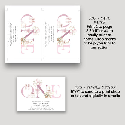 Pink Goose Invitation Template 1st Birthday Printable Template Bows & Florals Editable Digital Download