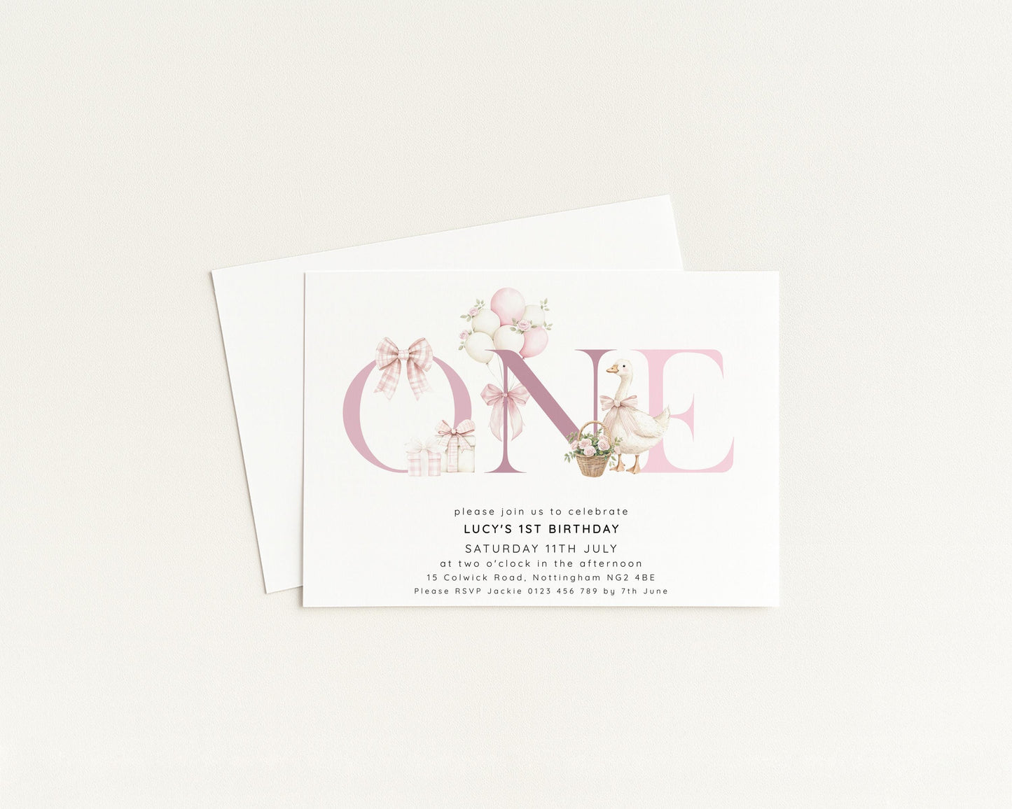 Pink Goose Invitation Template 1st Birthday Printable Template Bows & Florals Editable Digital Download
