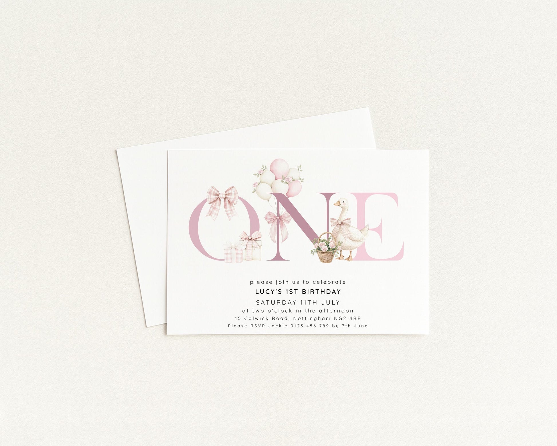 Pink Goose Invitation Template 1st Birthday Printable Template Bows & Florals Editable Digital Download