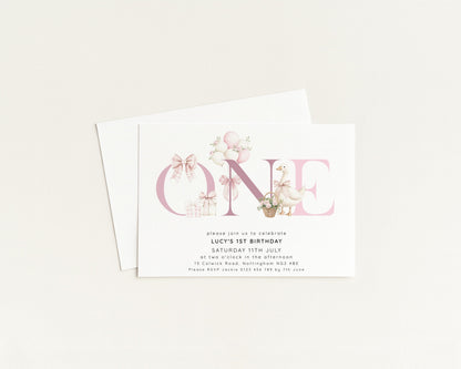 Pink Goose Invitation Template 1st Birthday Printable Template Bows & Florals Editable Digital Download
