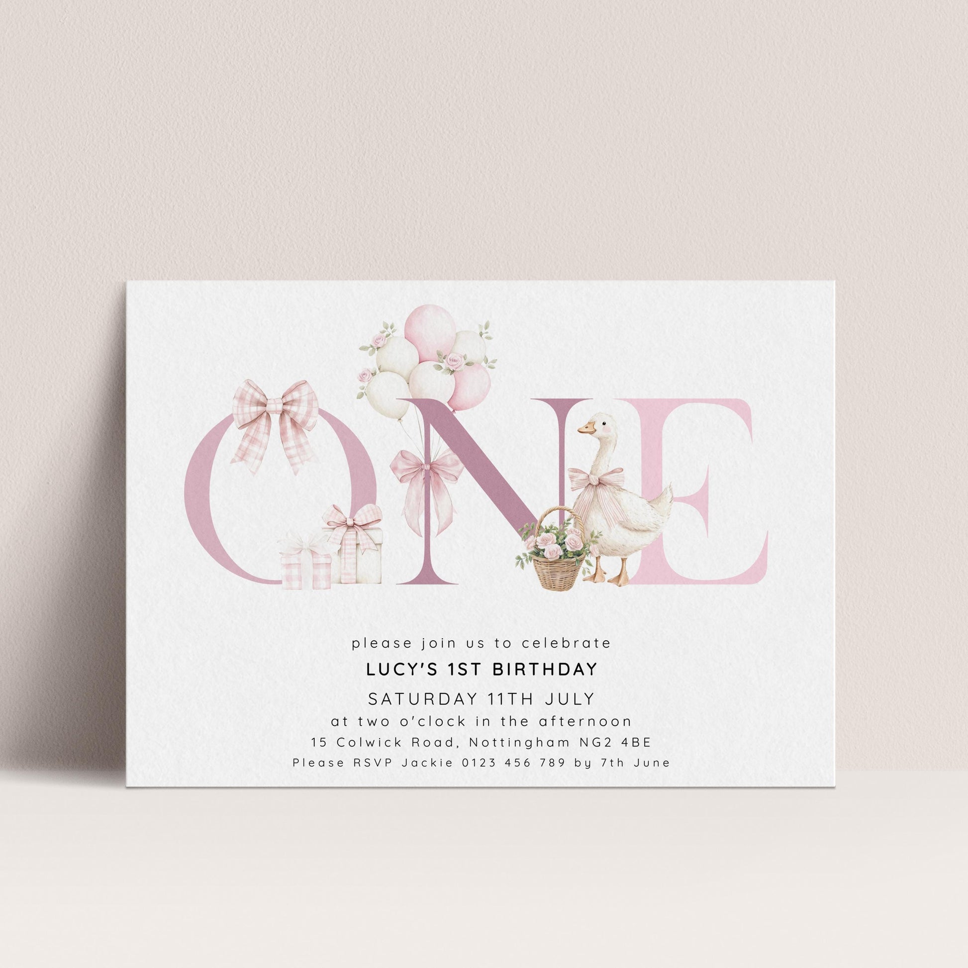 Pink Goose Invitation Template 1st Birthday Printable Template Bows & Florals Editable Digital Download