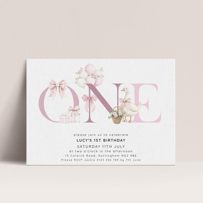 Pink Goose Invitation Template 1st Birthday Printable Template Bows & Florals Editable Digital Download