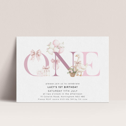 Pink Goose Invitation Template 1st Birthday Printable Template Bows & Florals Editable Digital Download