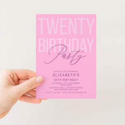 Editable 20th Birthday Invitation, Editable Pink Twenty Party Invite, Women's Adult Invitation Template, 20th Birthday Printable Template