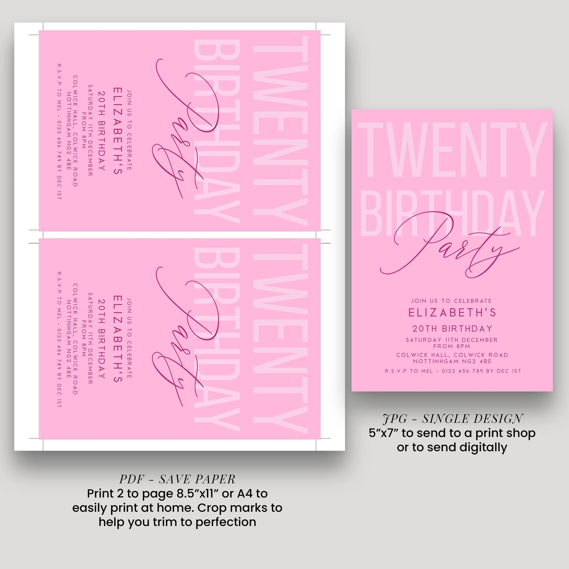 Editable 20th Birthday Invitation, Editable Pink Twenty Party Invite, Women's Adult Invitation Template, 20th Birthday Printable Template