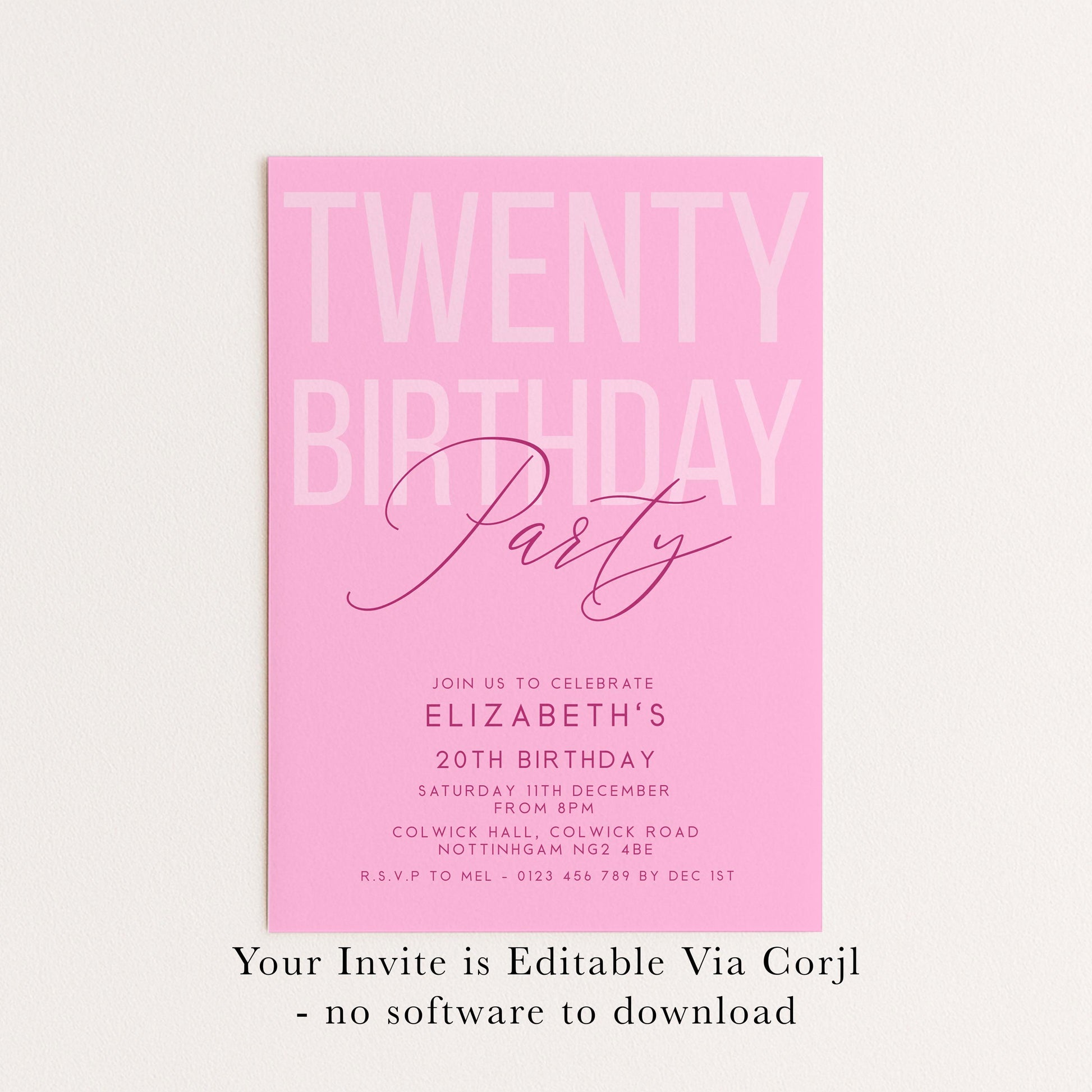 Editable 20th Birthday Invitation, Editable Pink Twenty Party Invite, Women's Adult Invitation Template, 20th Birthday Printable Template