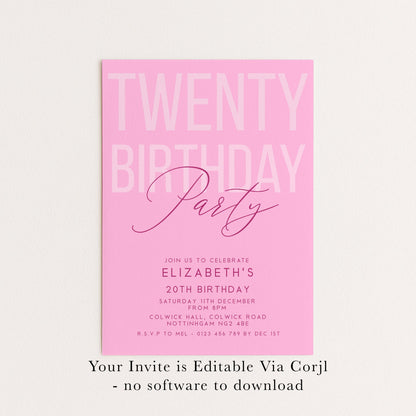 Editable 20th Birthday Invitation, Editable Pink Twenty Party Invite, Women's Adult Invitation Template, 20th Birthday Printable Template
