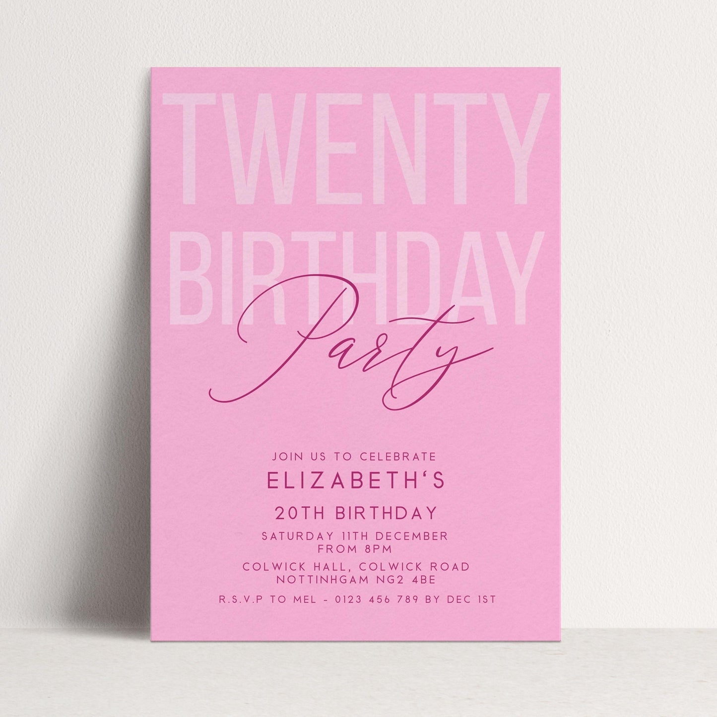 Editable 20th Birthday Invitation, Editable Pink Twenty Party Invite, Women's Adult Invitation Template, 20th Birthday Printable Template
