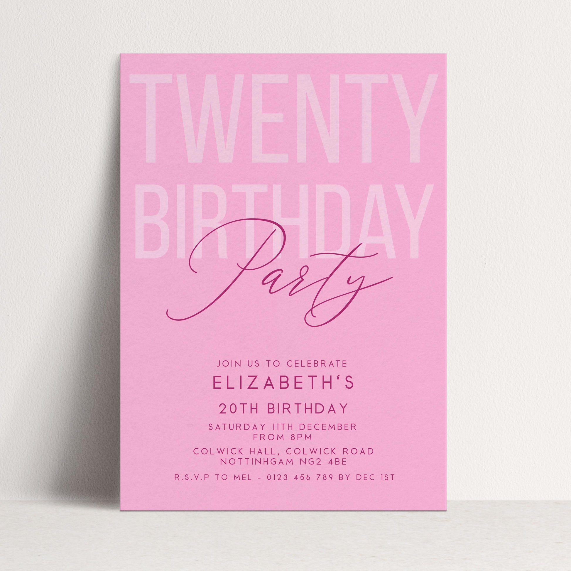 Editable 20th Birthday Invitation, Editable Pink Twenty Party Invite, Women's Adult Invitation Template, 20th Birthday Printable Template