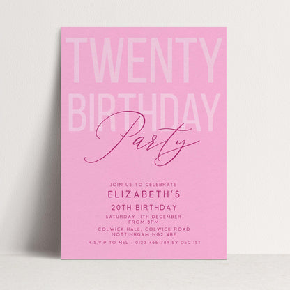 Editable 20th Birthday Invitation, Editable Pink Twenty Party Invite, Women's Adult Invitation Template, 20th Birthday Printable Template
