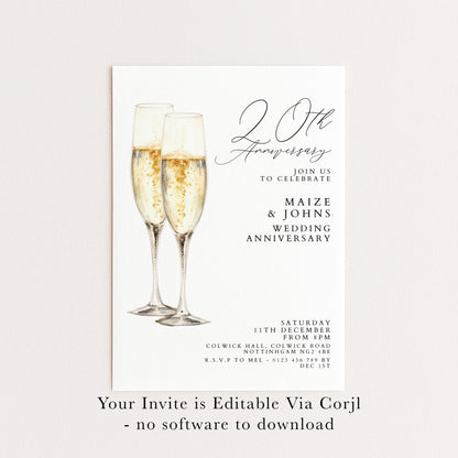 20th Wedding Anniversary Invitation, 20 Year Anniversary Party Invite, Elegant Champagne Anniversary Invitation