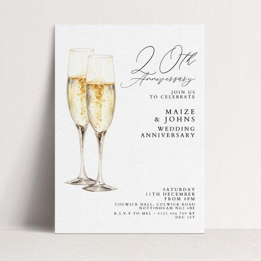 20th Wedding Anniversary Invitation, 20 Year Anniversary Party Invite, Elegant Champagne Anniversary Invitation