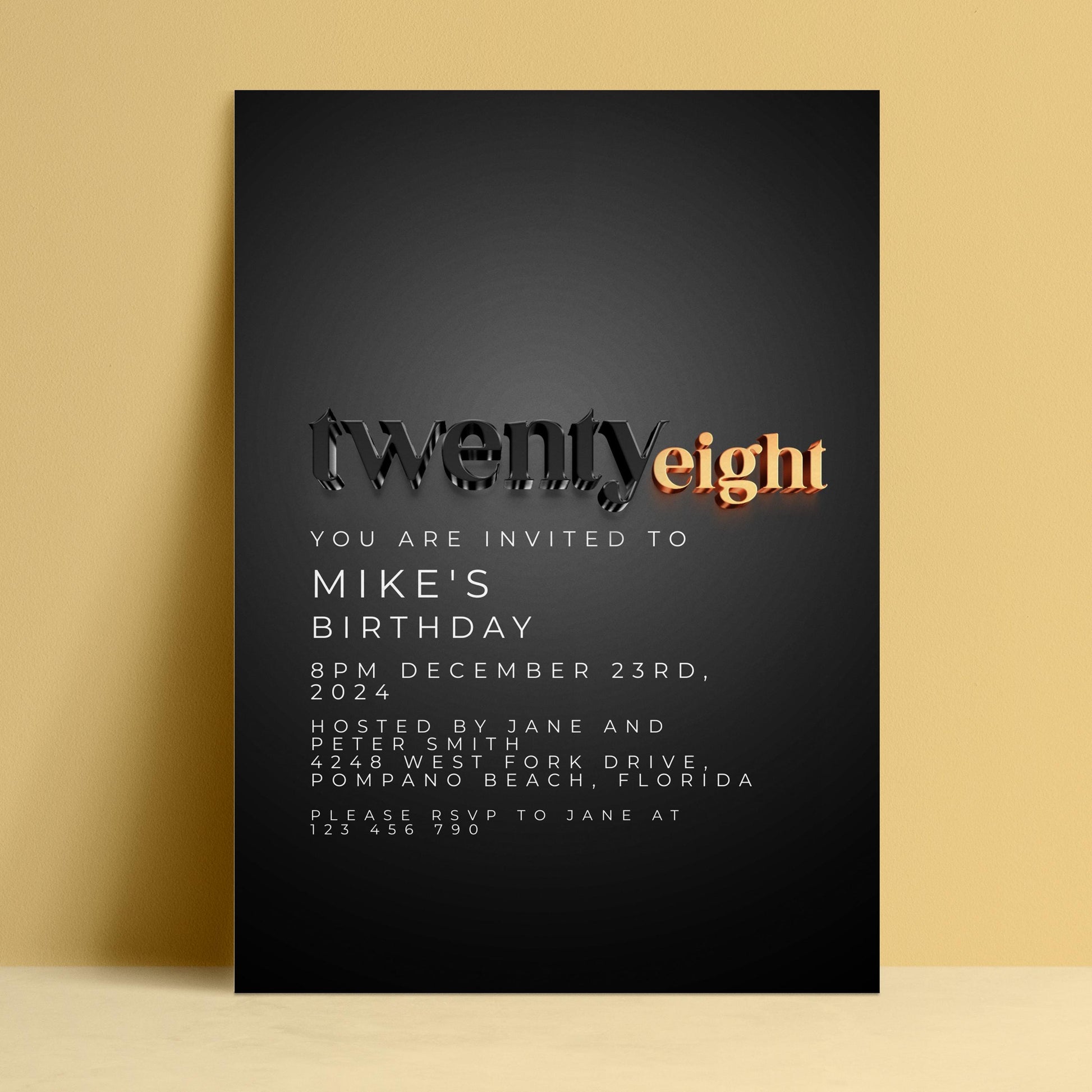 Editable black and gold 20s birthday invitation with 3D chrome typography and swappable gold age number — digital download template via Corjl