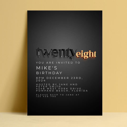 Editable black and gold 20s birthday invitation with 3D chrome typography and swappable gold age number — digital download template via Corjl