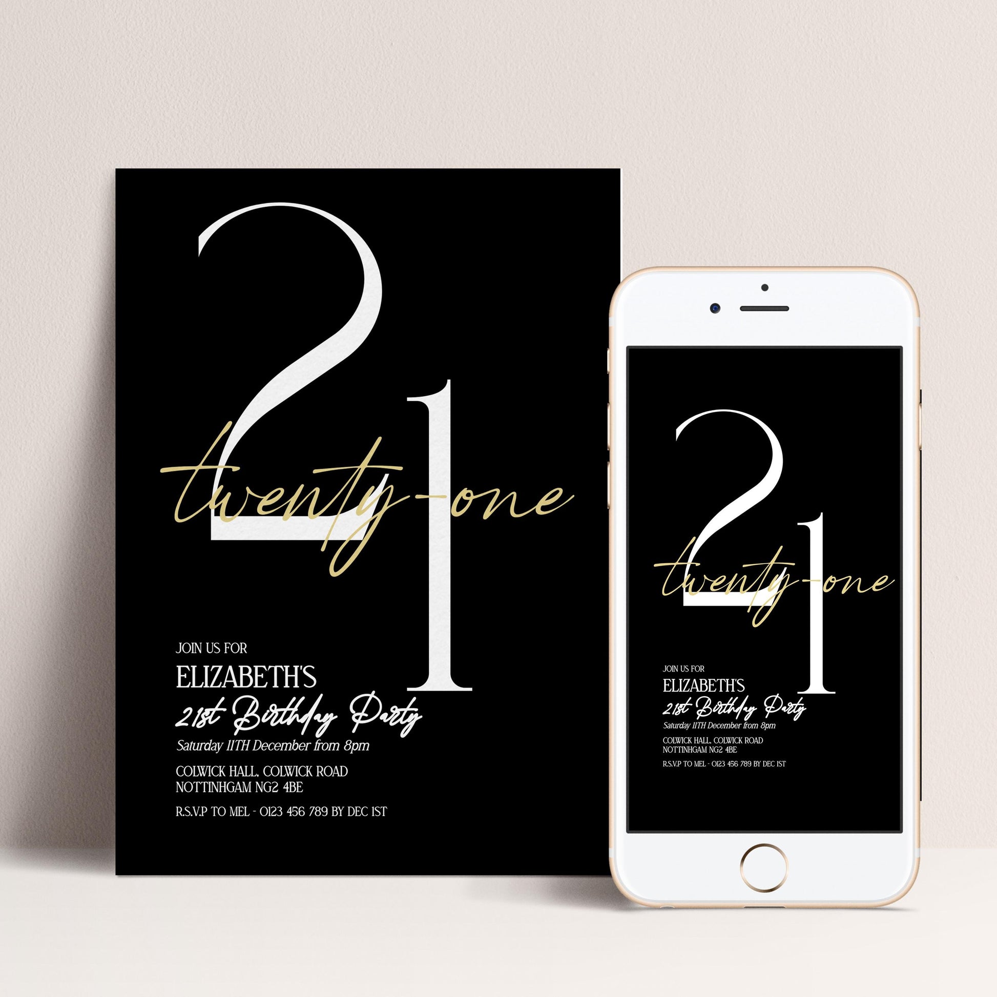 21st Birthday Invitation Woman, Black Gold 21st Party Invite, Elegant Milestone Birthday Invite, Editable Corjl Template