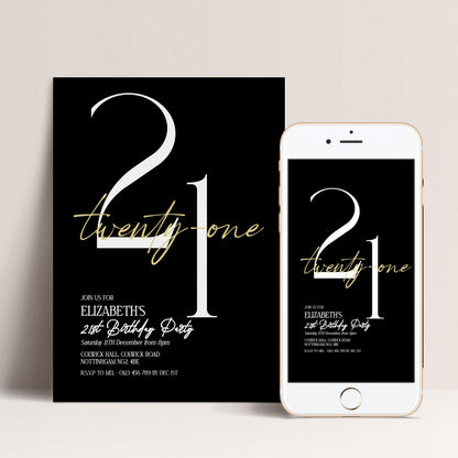 21st Birthday Invitation Woman, Black Gold 21st Party Invite, Elegant Milestone Birthday Invite, Editable Corjl Template