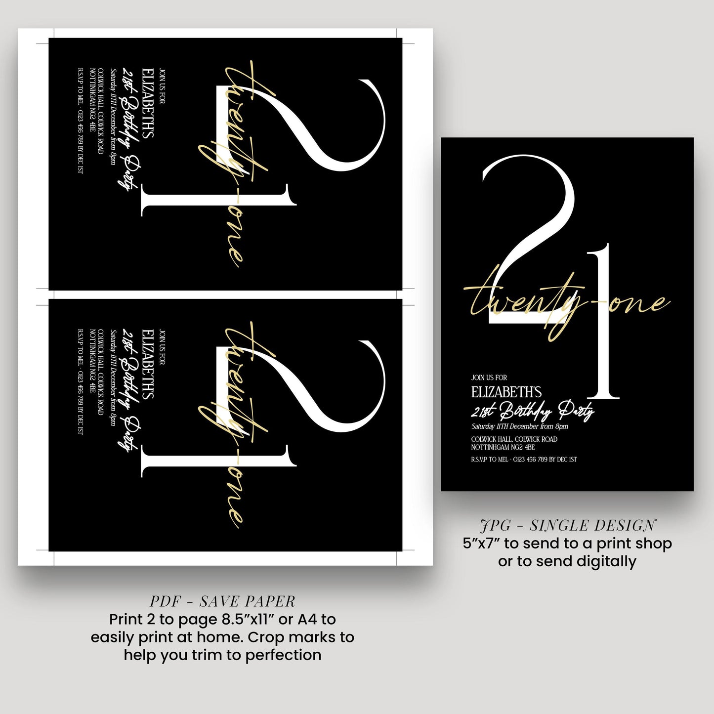 21st Birthday Invitation Woman, Black Gold 21st Party Invite, Elegant Milestone Birthday Invite, Editable Corjl Template