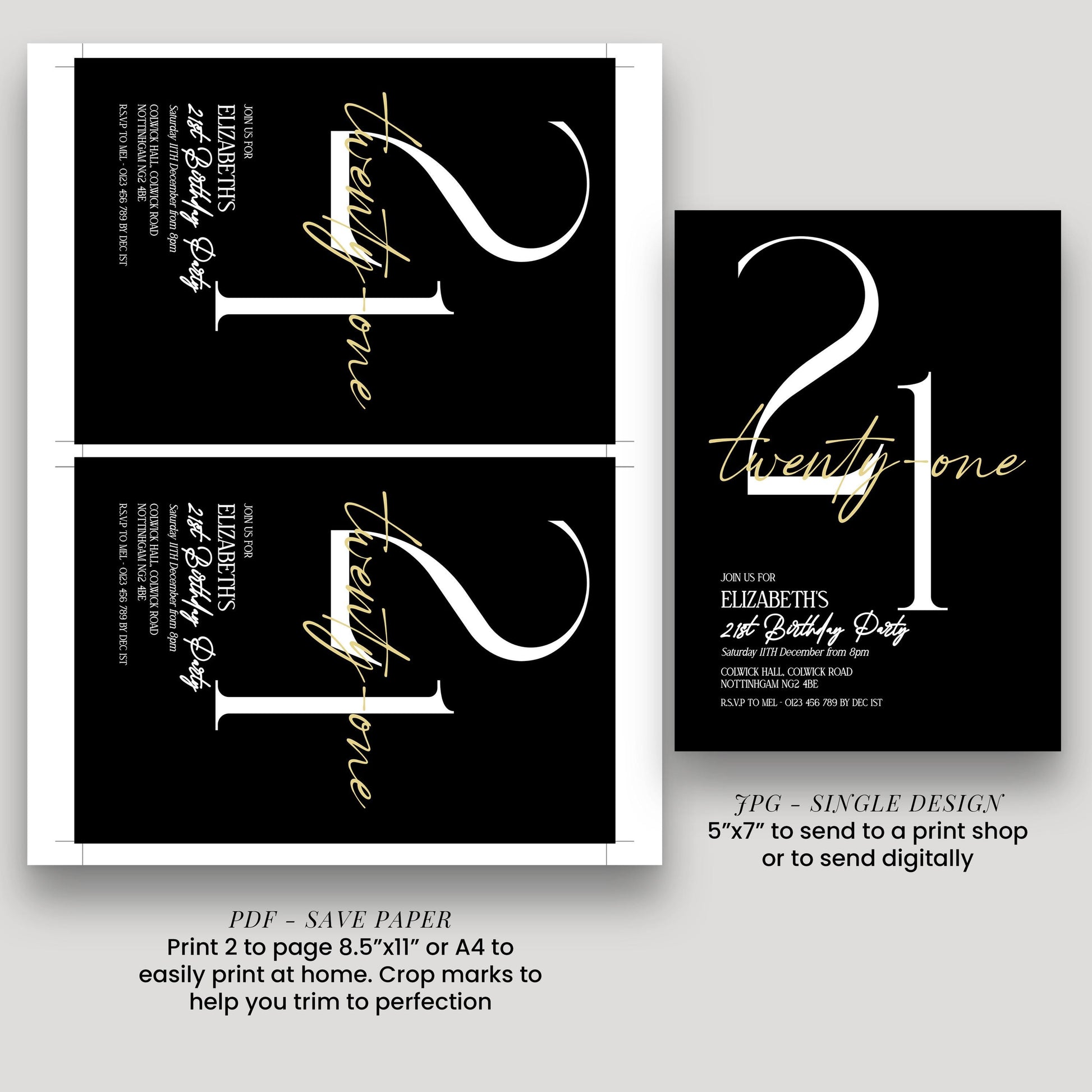 21st Birthday Invitation Woman, Black Gold 21st Party Invite, Elegant Milestone Birthday Invite, Editable Corjl Template
