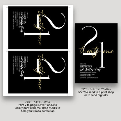 21st Birthday Invitation Woman, Black Gold 21st Party Invite, Elegant Milestone Birthday Invite, Editable Corjl Template