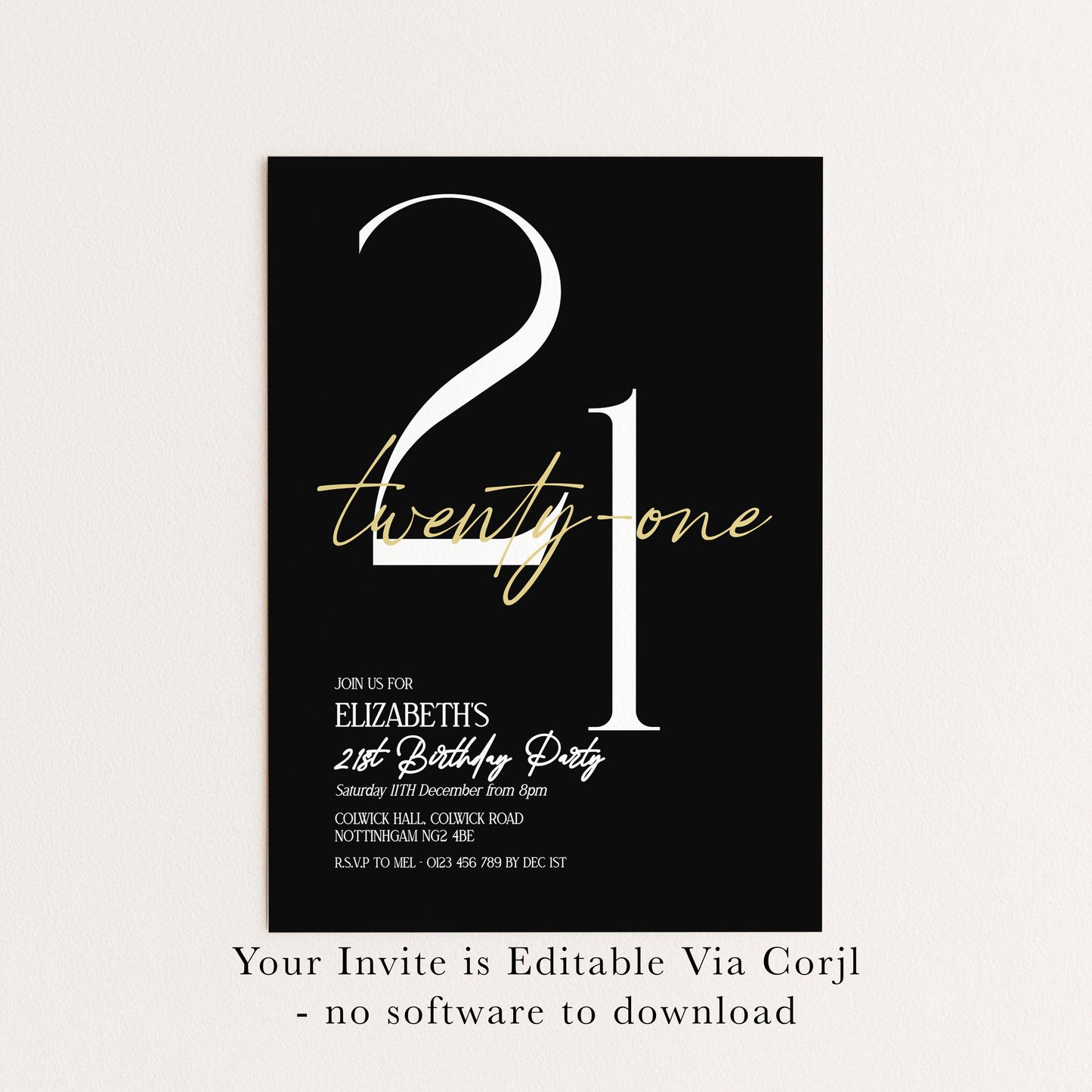 21st Birthday Invitation Woman, Black Gold 21st Party Invite, Elegant Milestone Birthday Invite, Editable Corjl Template