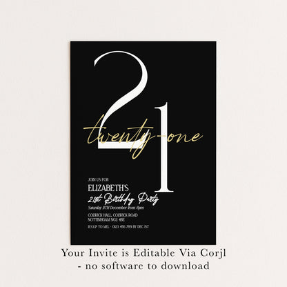 21st Birthday Invitation Woman, Black Gold 21st Party Invite, Elegant Milestone Birthday Invite, Editable Corjl Template