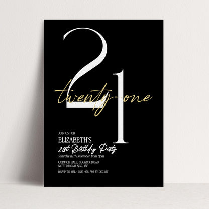 21st Birthday Invitation Woman, Black Gold 21st Party Invite, Elegant Milestone Birthday Invite, Editable Corjl Template