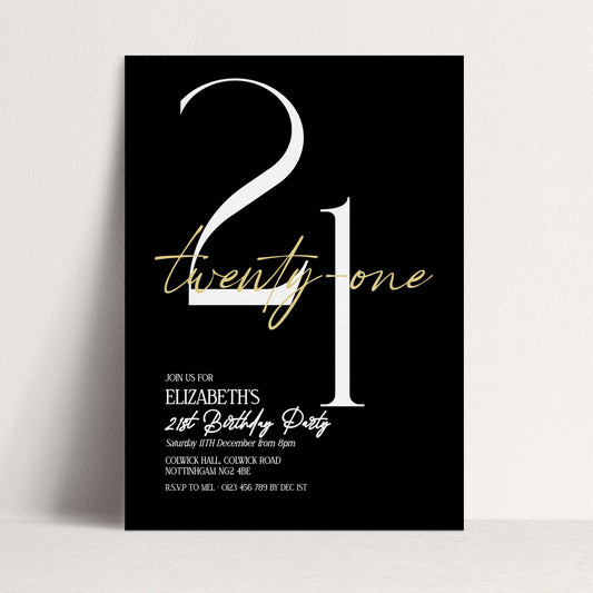 21st Birthday Invitation Woman, Black Gold 21st Party Invite, Elegant Milestone Birthday Invite, Editable Corjl Template
