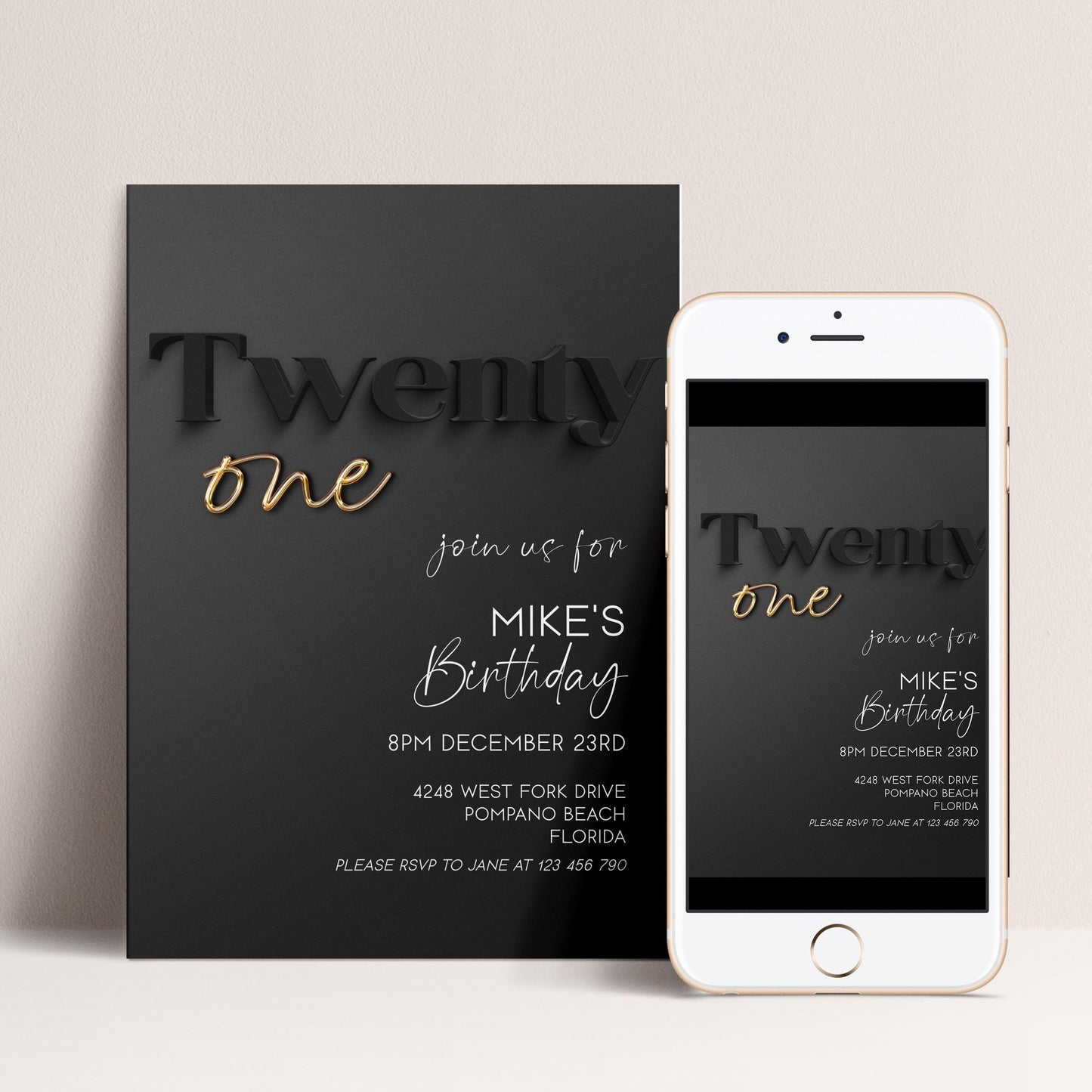 Editable 21st Birthday Invitation Black and Gold, Modern Twenty One Invite, Corjl Template, Elegant Birthday Party Invitation for Him BG78