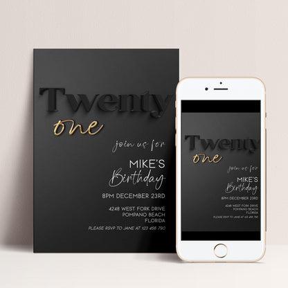 Editable 21st Birthday Invitation Black and Gold, Modern Twenty One Invite, Corjl Template, Elegant Birthday Party Invitation for Him BG78
