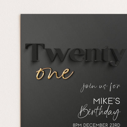 Editable 21st Birthday Invitation Black and Gold, Modern Twenty One Invite, Corjl Template, Elegant Birthday Party Invitation for Him BG78