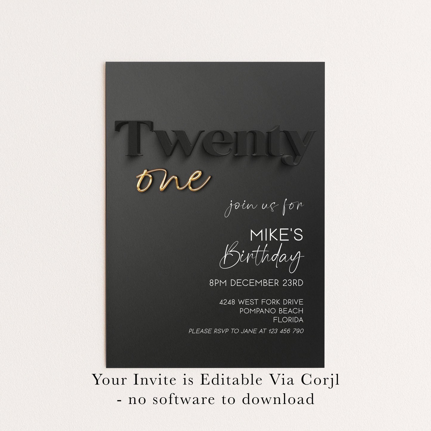 Editable 21st Birthday Invitation Black and Gold, Modern Twenty One Invite, Corjl Template, Elegant Birthday Party Invitation for Him BG78