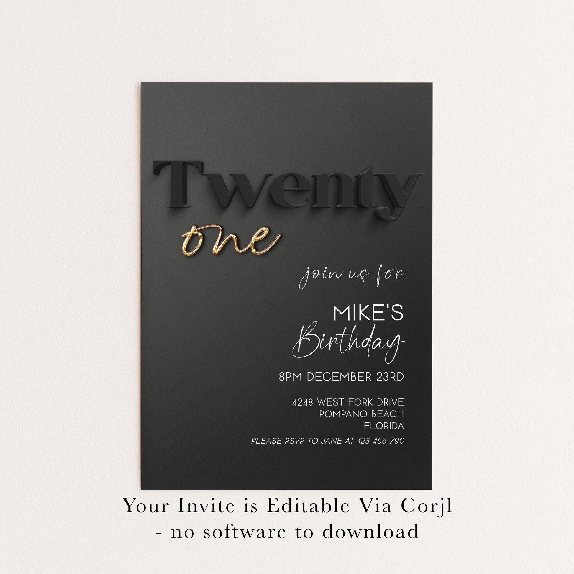Editable 21st Birthday Invitation Black and Gold, Modern Twenty One Invite, Corjl Template, Elegant Birthday Party Invitation for Him BG78