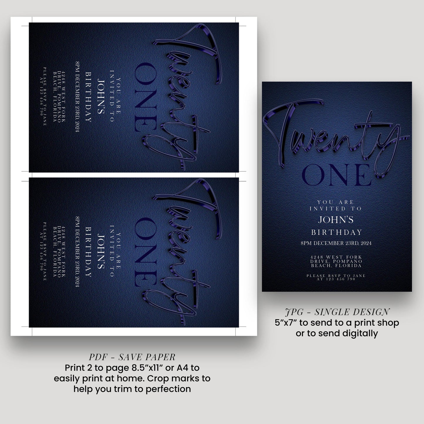 21st Birthday Invitation Editable 21st invite Navy invitation Simple Elegant For Him or Her Instant Download Printable NV20