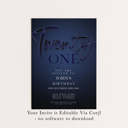 21st Birthday Invitation Editable 21st invite Navy invitation Simple Elegant For Him or Her Instant Download Printable NV20