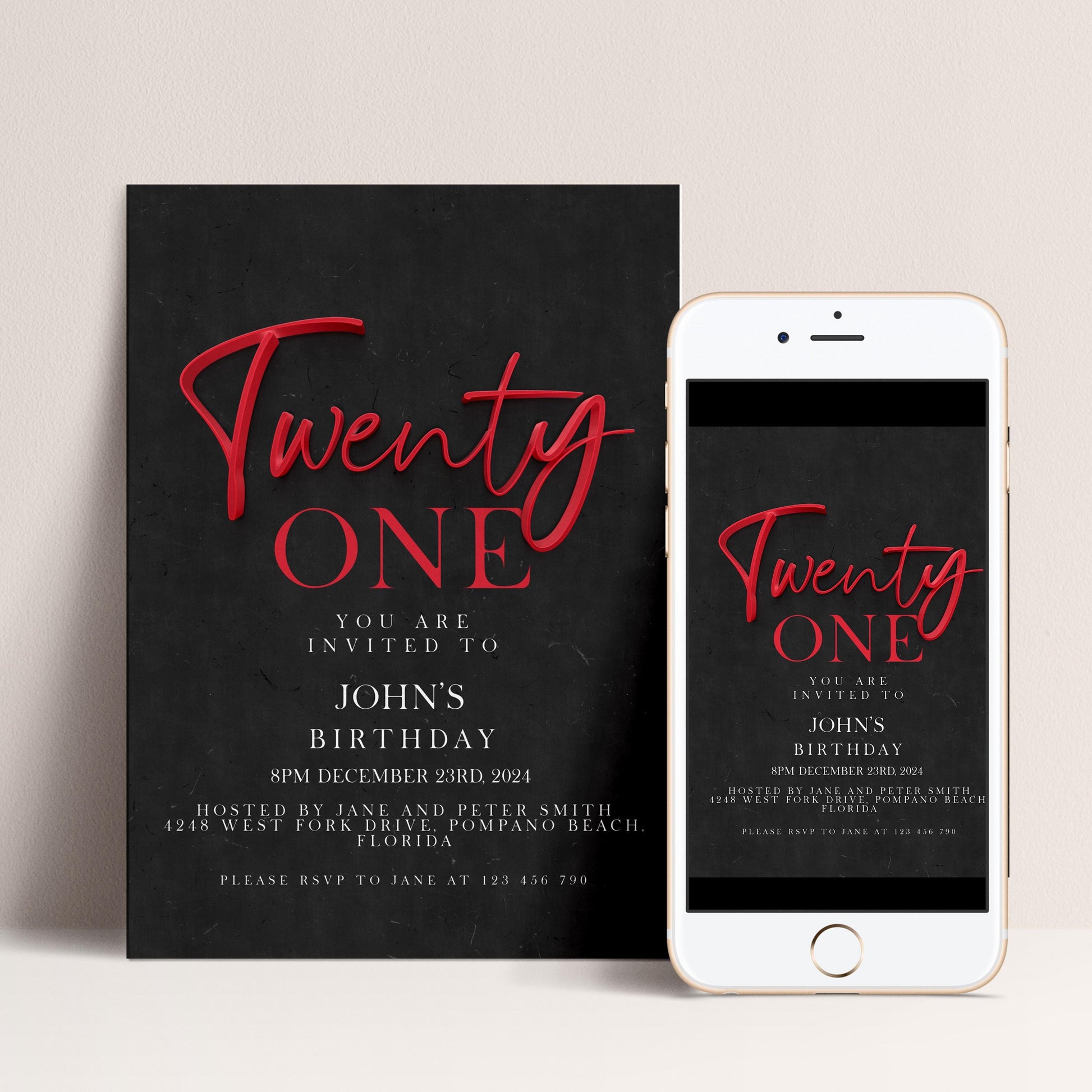 21st Birthday Invitation Red Black Theme, Elegant Party Invite for Her, Bold 21st Birthday, Adult Celebration Editable Template SE19
