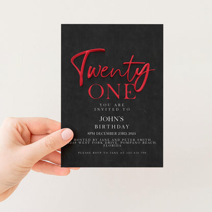 21st Birthday Invitation Red Black Theme, Elegant Party Invite for Her, Bold 21st Birthday, Adult Celebration Editable Template SE19