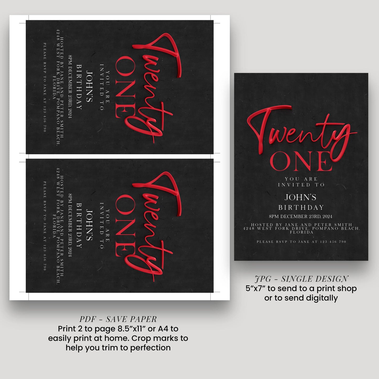 21st Birthday Invitation Red Black Theme, Elegant Party Invite for Her, Bold 21st Birthday, Adult Celebration Editable Template SE19