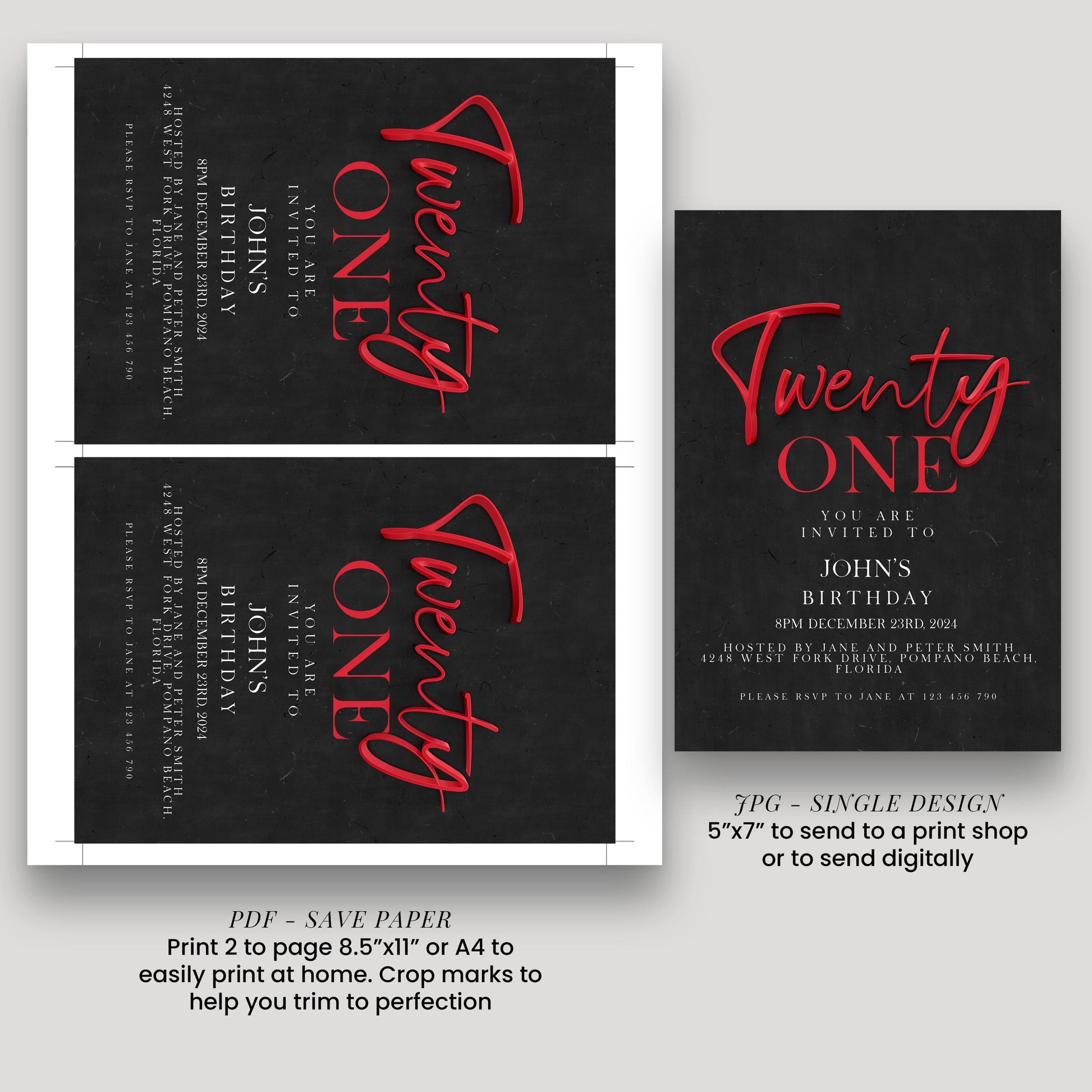 21st Birthday Invitation Red Black Theme, Elegant Party Invite for Her, Bold 21st Birthday, Adult Celebration Editable Template SE19