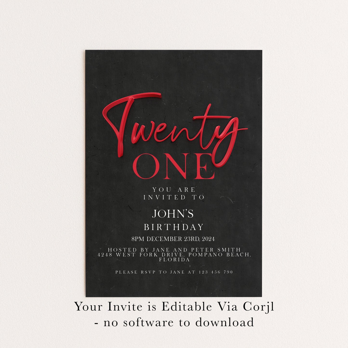 21st Birthday Invitation Red Black Theme, Elegant Party Invite for Her, Bold 21st Birthday, Adult Celebration Editable Template SE19