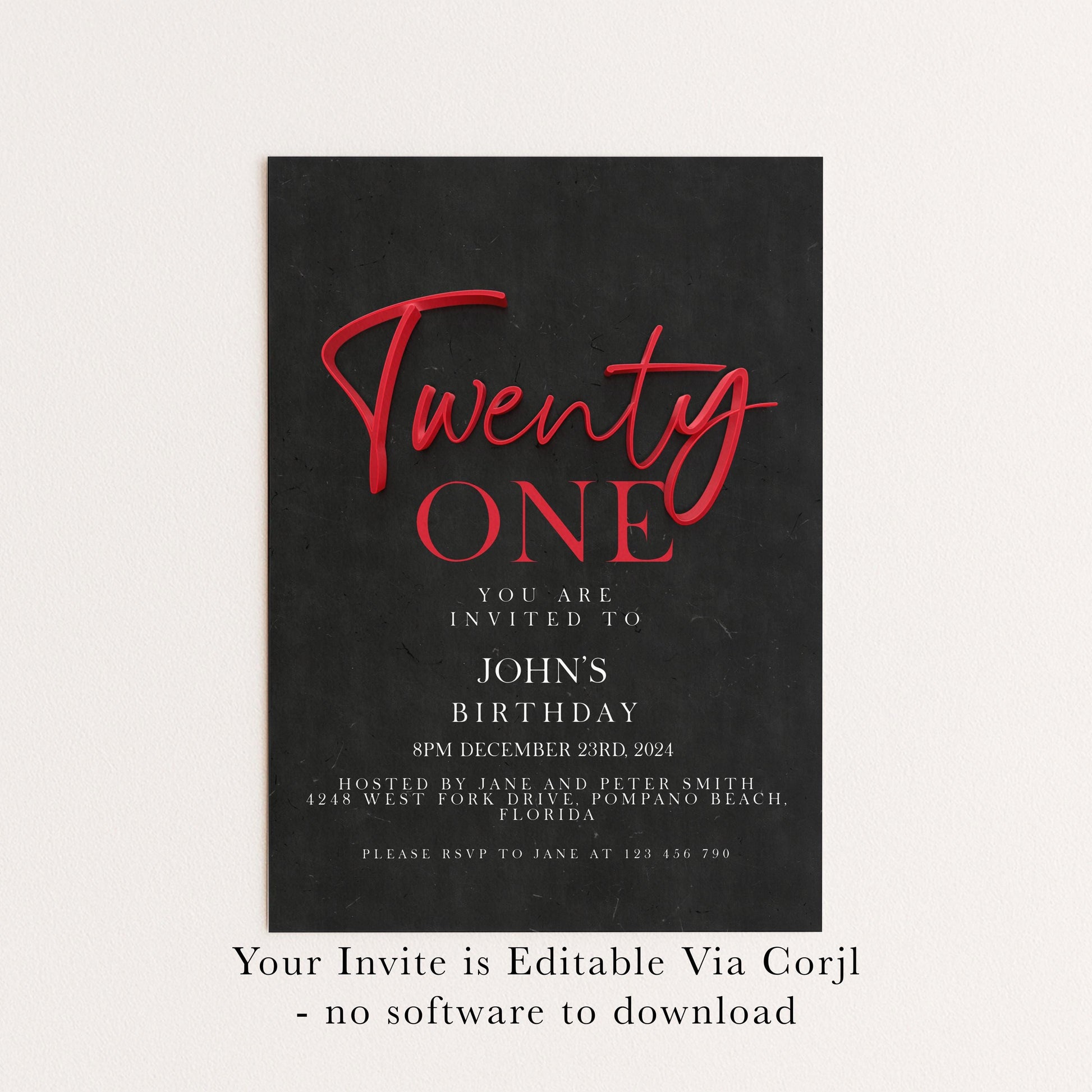21st Birthday Invitation Red Black Theme, Elegant Party Invite for Her, Bold 21st Birthday, Adult Celebration Editable Template SE19