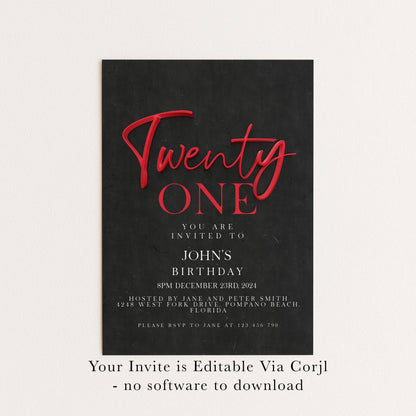 21st Birthday Invitation Red Black Theme, Elegant Party Invite for Her, Bold 21st Birthday, Adult Celebration Editable Template SE19
