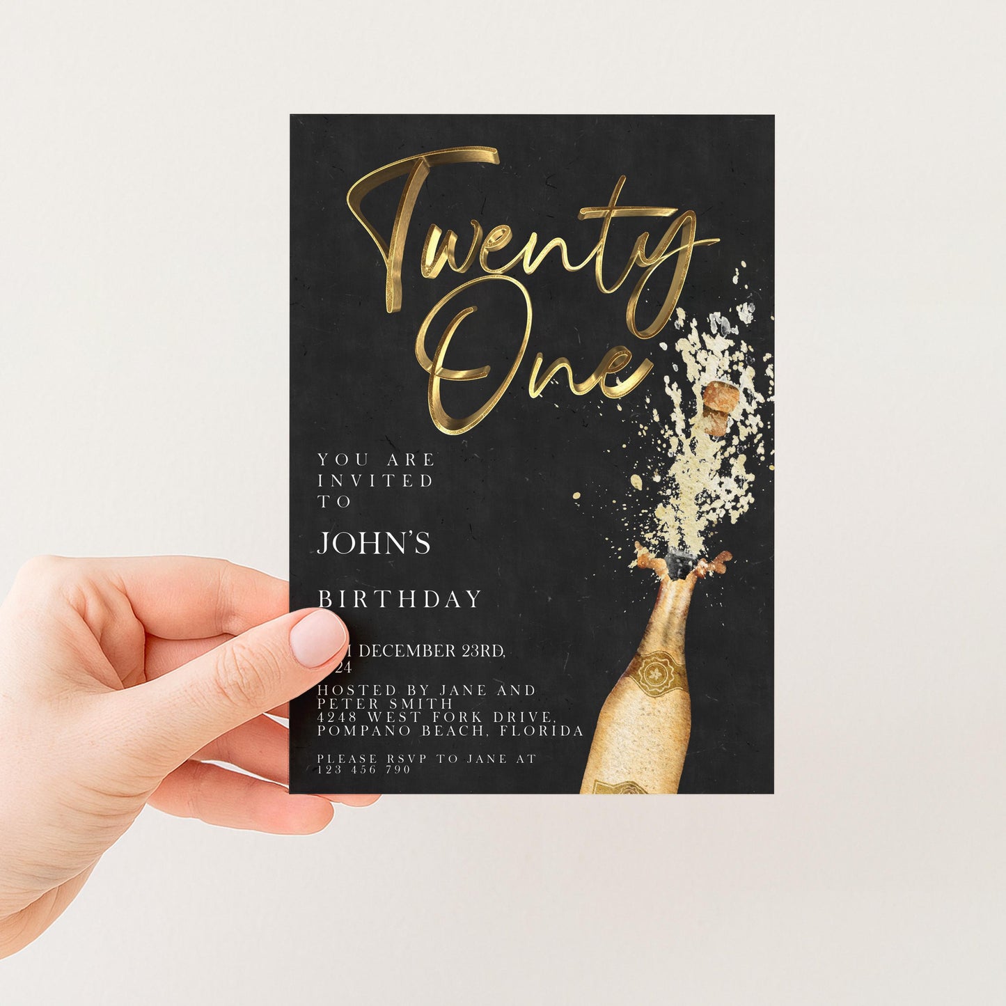 The image is a birthday invitation card for John's twenty-one birthday party.