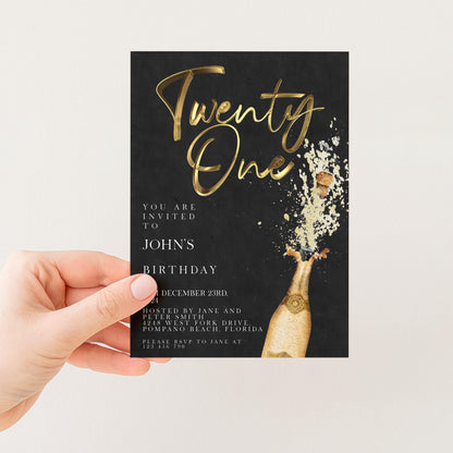 The image is a birthday invitation card for John's twenty-one birthday party.