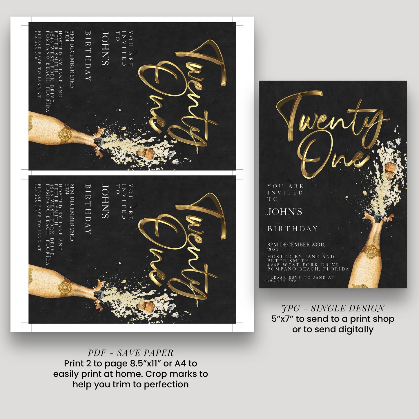 The image is a collage of two pages featuring a champagne bottle and a birthday party invitation. The text on the invitation is in gold and black, and it includes details about the birthday celebration, such as the date, time, location, and RSVP information. The invitation also includes instructions for sending a print or digital copy to a print shop or sending it digitally.