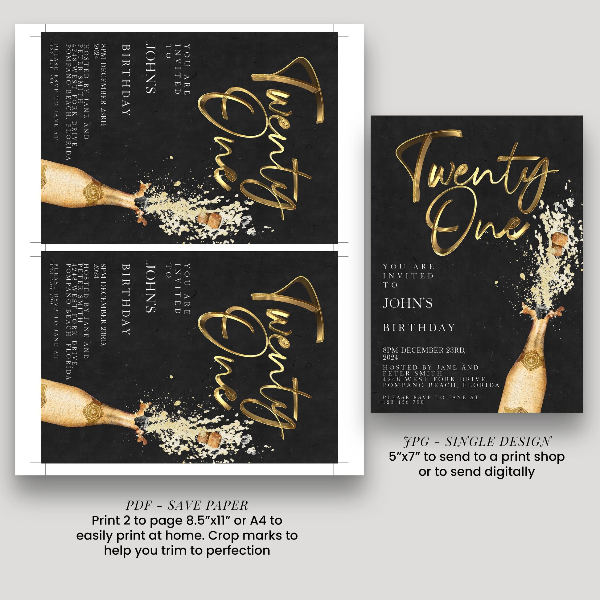 The image is a collage of two pages featuring a champagne bottle and a birthday party invitation. The text on the invitation is in gold and black, and it includes details about the birthday celebration, such as the date, time, location, and RSVP information. The invitation also includes instructions for sending a print or digital copy to a print shop or sending it digitally.