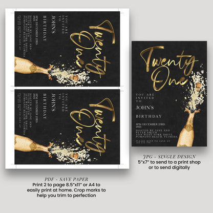 The image is a collage of two pages featuring a champagne bottle and a birthday party invitation. The text on the invitation is in gold and black, and it includes details about the birthday celebration, such as the date, time, location, and RSVP information. The invitation also includes instructions for sending a print or digital copy to a print shop or sending it digitally.