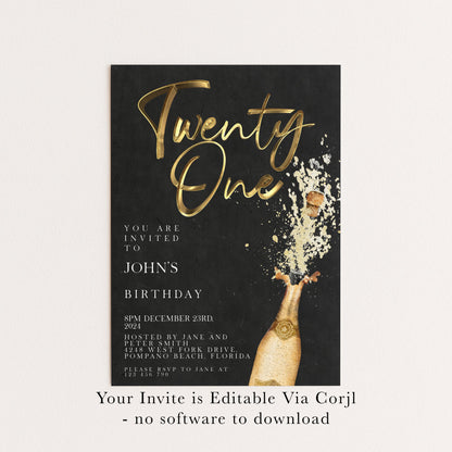 The image is a birthday invitation for John's twenty-one birthday party. It features a champagne bottle with a champagne pop, and the text is in a cursive font.