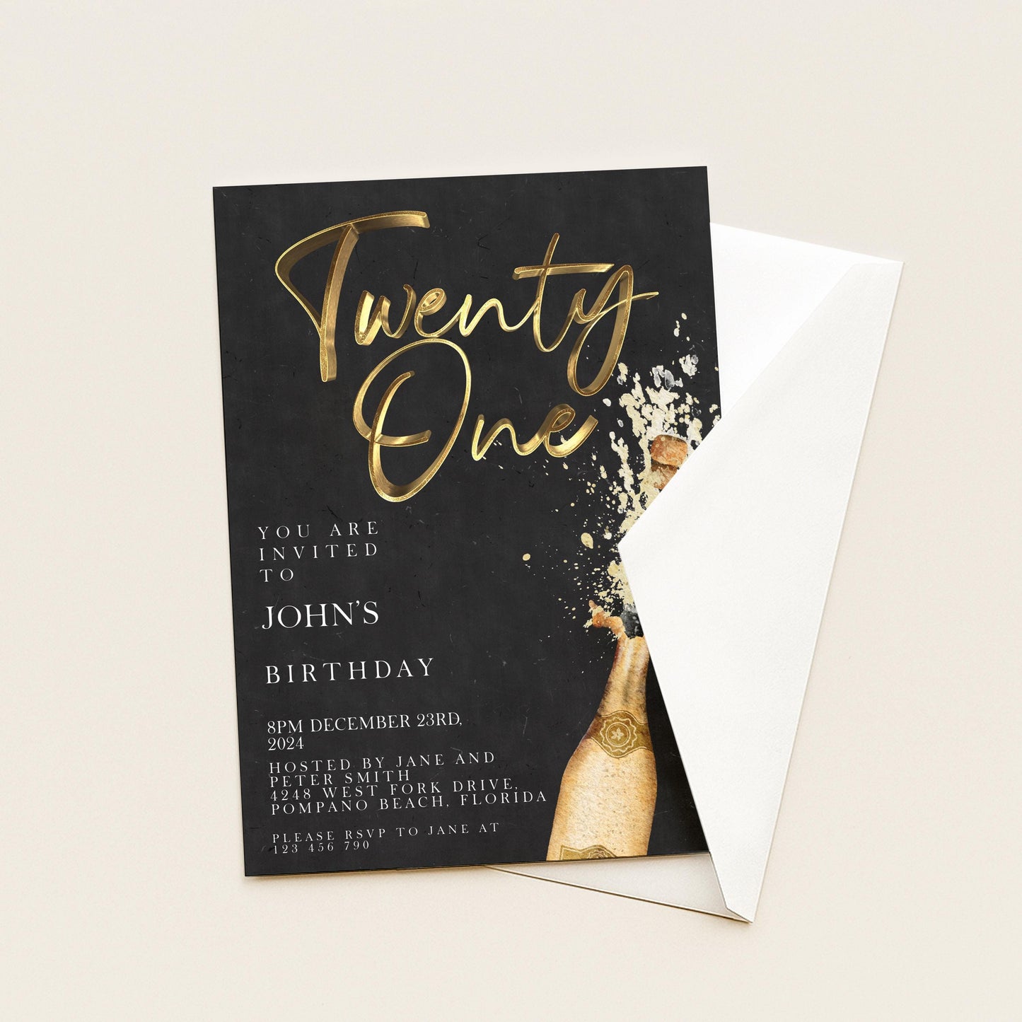 The image is a birthday invitation for John's twenty-one birthday party.